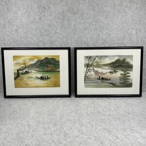 Vintage Vietnamese Silk Paintings Pair Framed River Village Boat Scenes Signed